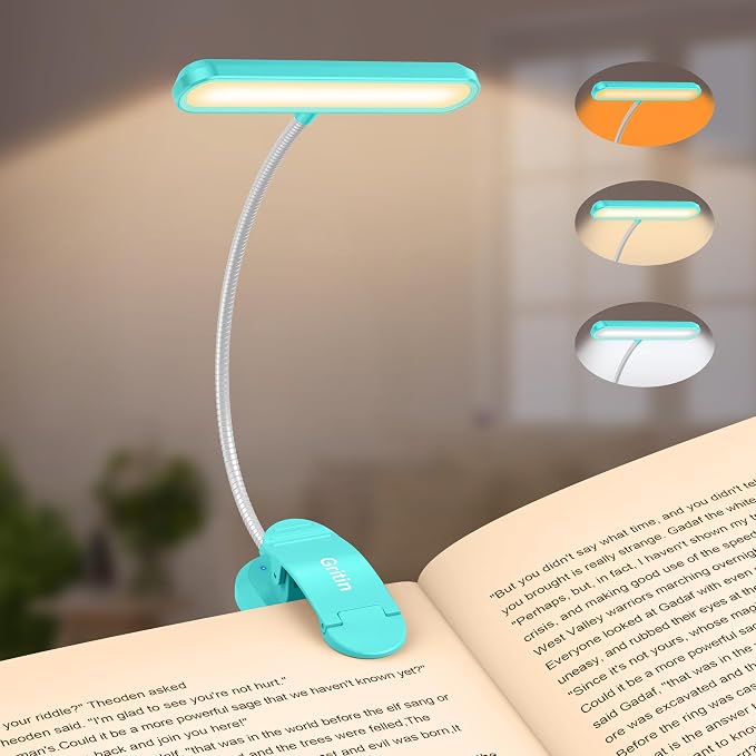 Gritin Rechargeable Book Light for Reading in Bed with 19 LED | Eye Caring 3 Color Temps, 5 Brightness Levels, Memory Function, 90 Hrs Runtime Flexible Goose Neck Clip on Light-Blue