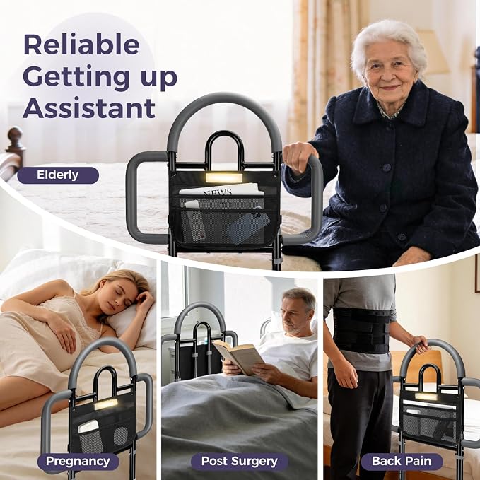Bed Rails for Elderly Adults, 400lbs Load with Motion Sensor Light | ASTM Approved, 3-Sided Handle & Large Non-Slip Feet, Safety for Seniors, Adjustable Height Fits 14.57"-20.67" Bed Frame