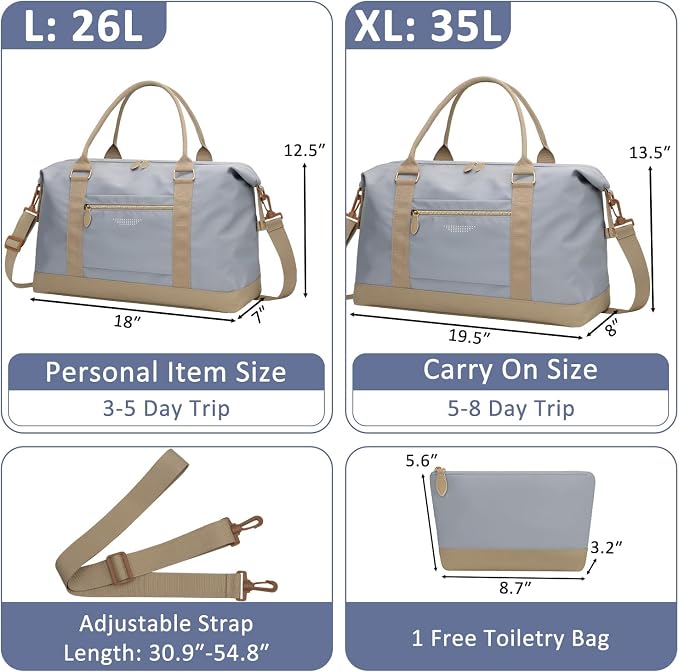 ELONGRIVER Travel Duffle Bag for Women, Weekender Bags,Hospital Bag for Labor Delivery,Lightweight Tote Duffel Overnight Bag with Luggage Sleeve,Airplane Travel Bags with Toiletry Bag,Large,Light Blue