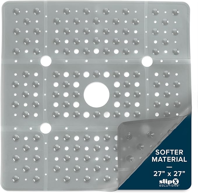 SlipX Solutions 27" Oversize Square Shower Mat, Non-Slip Mat for Elderly & Kids, 100+ Power Grip Suction Cups for Smooth Surfaces, Machine Washable, Translucent Gray
