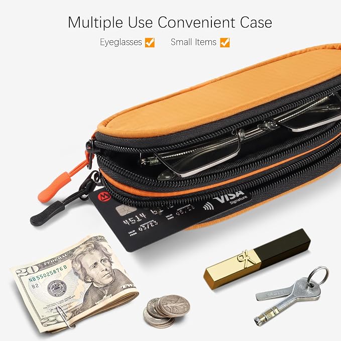 Double Eyeglasses Case Soft Portable Zipper Sunglasses Pouch with Keychain Clip for Men Women