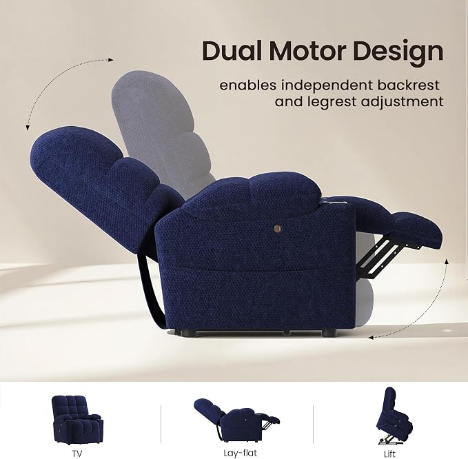 COLAMY Dual Motor Power Lift Recliner Chair for Elderly, Heavy Duty Bariatric Stand Up Assist Sofa with Independent Back & Footrest, Zero Gravity, Massage Heat & Breathable Fabric,Set of 2,Blue