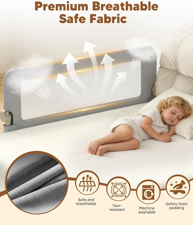 Bed Rail for Toddlers, 75in Foldable Toddler Bed Rails with Reinforced Carbon Steel Frame, Breathable Cationic Washable Fabric, Safety Bed Guard Rails for Bed, No-Tool Setup