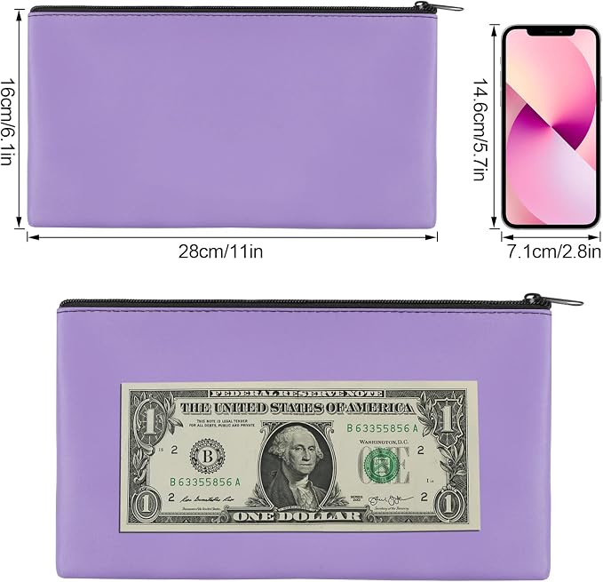 2 Pieces Money Bags with Zipper, 11x6.1 inch Money Pouch, Bank Bag, Cash Bag, Check Wallet, Cosmetics(Purple)