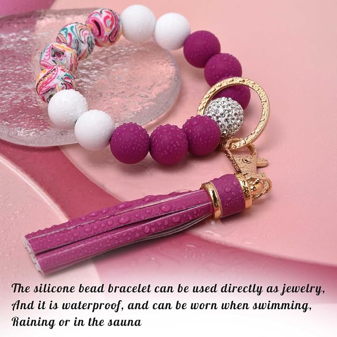 BAOSIWA Silicone Beaded Bracelet Keychain Wristlet Key Ring Bangle Chains for Women with Leather Tassel