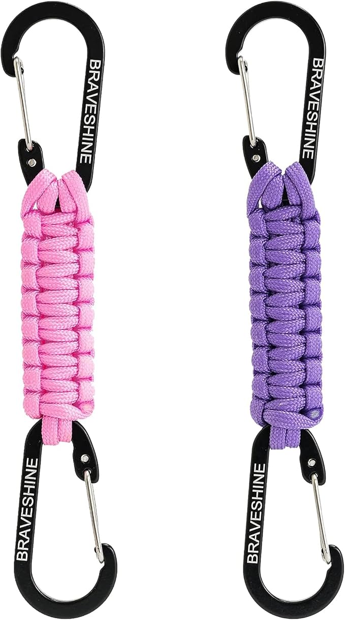 BRAVESHINE Paracord Keychain Carabiner Clip | D Ring Hanger Lanyard Hook | 7.3inch Long | for Stroller, Water Bottle, Key, Backpacks, Men, Women, Luggage, Car Seat Headrest, Fence, Bag Charms