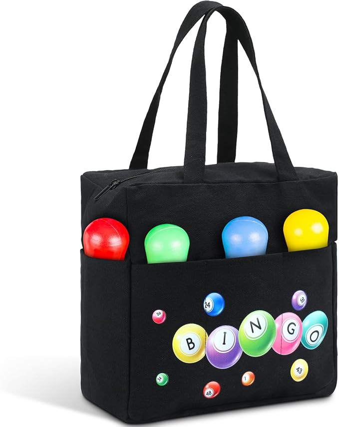 Windyun Bingo Bags Large with 10 Pockets for Daubers Dabbers Dobbers Dotters Zipper Tote Bag Bingo Card Stuff Storage Game Accessories Supplies Gift for Women Adults Seniors Mothers Day(Black)