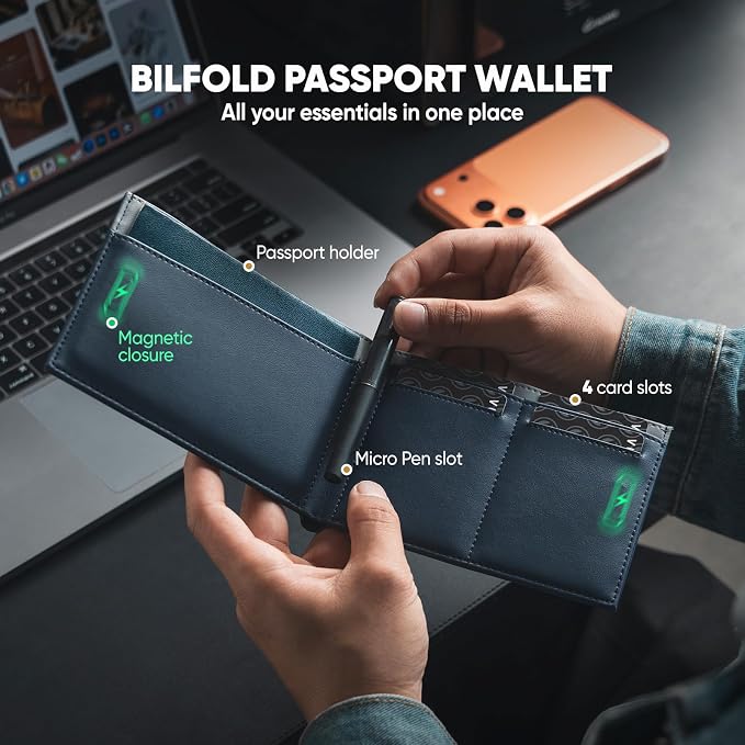 VULKIT Bilfold Passport Holder Leather RFID Blocking Passport Wallet with Hidden Pocket Slim Travel Documents Organizer for Men or Women (Passport, Card, Cash, Coin, SIM Card, Ticket)