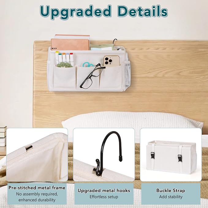 Bedside Caddy Storage Organizer for Bed Rails, Bed Caddy with 6 Pockets | Bedside Organizer with Fixed Straps and Hooks, Mattress Supported Versatile for Home, Dorm, Bunk, Hospital and Crib Bed