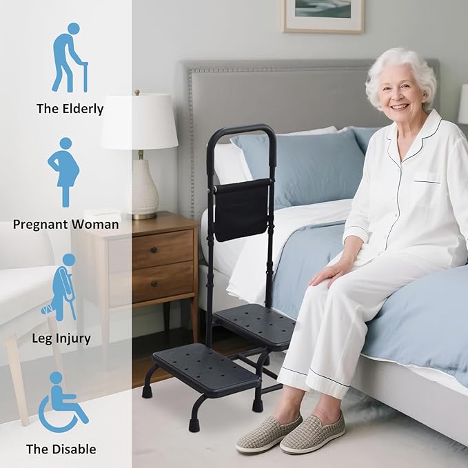 2 Step Stool with Handle for Elderly Adults, Portable Footstool Bed Steps for High Beds, Two Step Stools for Seniors with Adjustable Handrail Non-Skid Platform, Foot Stool for Kitchen Bathtub (Black)