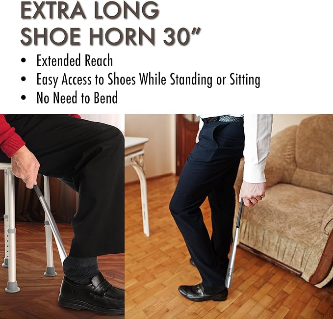 Velette Metal Shoe Horn Long Handle for Seniors - 30" Extra Long Shoe Horn for Women, Men and Kids - Shoehorn, Boot Horns, Shoehorn Long-Handle, Elderly Must Haves - Shoes Spoon, Stick, Helper