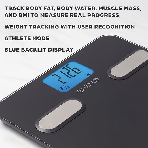 Taylor Smart Body Composition Scale with Precision Hub App, Digital Bathroom Scale for Body Weight, Body Fat, Water, Muscle Mass & BMI, 400 lb Capacity, Backlit Display, Glass Platform, Black