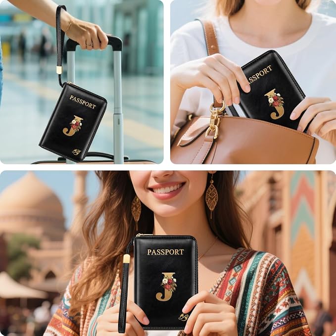 Passport Holder for Travel Personalized Wallet with Wristlet Women | Passport Cover, RFID Blocking, Passport Book Holders, Back Coin Pocket, Zipper Closure, Roses Initial Letter, Black J
