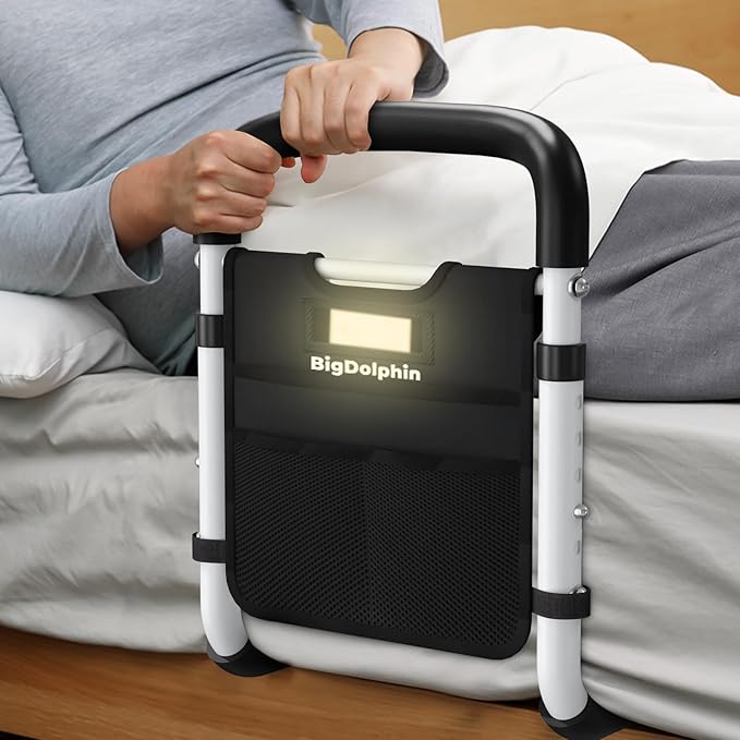 Bed Rails for Elderly Adults, ASTM Compliant, Adjustable Bed Cane with Motion Sensor Light, Non-Slip Grip & Storage Pocket, 2026 Upgrade Bed Railings for Seniors Support 350 LBS, Tool-Free
