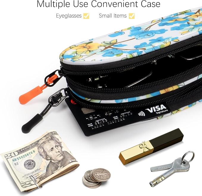 Double Eyeglasses Case Soft Portable Zipper Sunglasses Pouch with Keychain Clip for Men Women