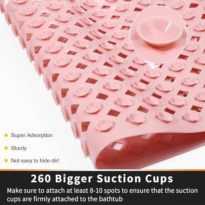 Yimobra Bathtub Mat Non Slip, Super Strong Suction Cups, 27.5"x15.5" Long Shower Mat with Drain Holes, Machine Washable Fast Draining Bath Mats, Bathroom Essentials,Pink