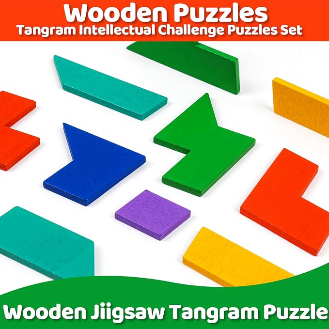 Wooden Brain Teaser Puzzles,Montessori Tangrams Pattern Blocks Logic Board Geometric Shapes Jigsaw Puzzle Games for Kids Ages 3-5,4-6(3Pack)