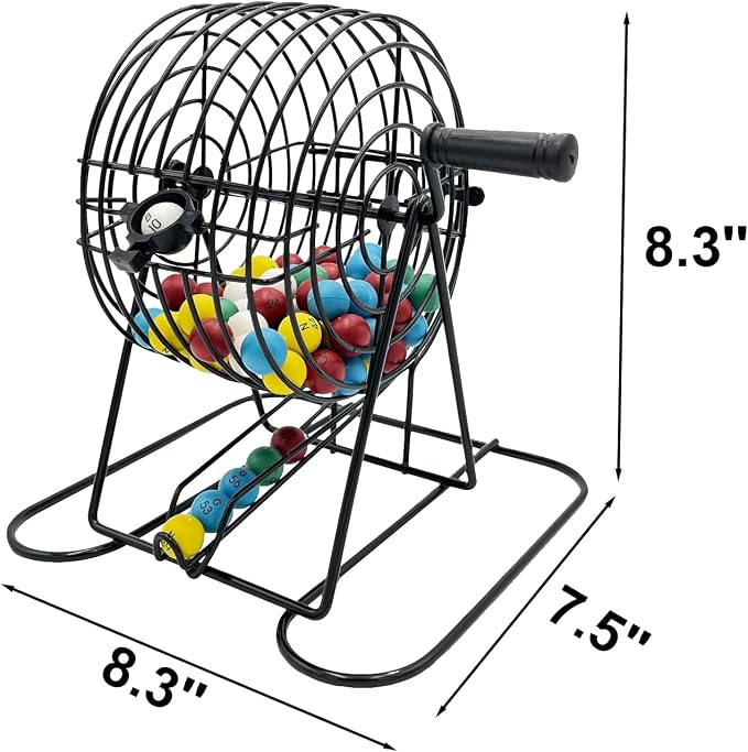 JUNWRROW Deluxe Bingo Game Set-6 Inch Metal Cage, Master Board,75 Colored Balls, 50 Bingo Cards,500 6 Color Mix Chips and 2 Bags,Ideal for Large Groups