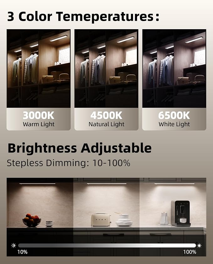 6Pack 16inch Under Cabinet Lighting, Rechargeable Motion Sensor Light Wireless Indoor, Dimmable 3 Color Temps Closet Lights with Remote, Under Counter LED Lights for Kitchen, Stairs