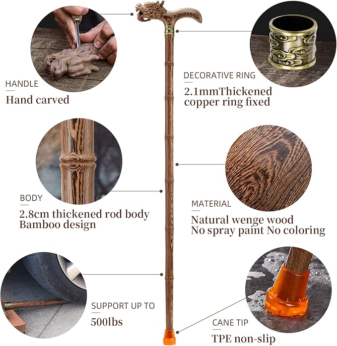 Wooden Cane, Hand Carved High-end Walking Cane for Men and Women, Lightweight Design Support Up to 500lbs Dragon Canes for Seniors, Suitable for Discerning Personal and Gift Use