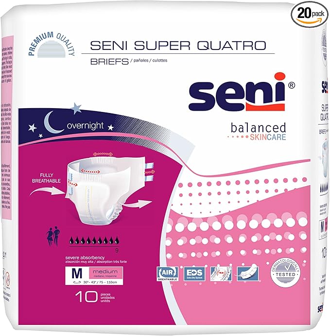 Seni Super Quatro Unisex Adult Incontinence Briefs with Tabs, Size Medium (30"-43"), 20 Count (2 Packs of 10), Severe Absorbency, Disposable Overnight Briefs for Men & Women