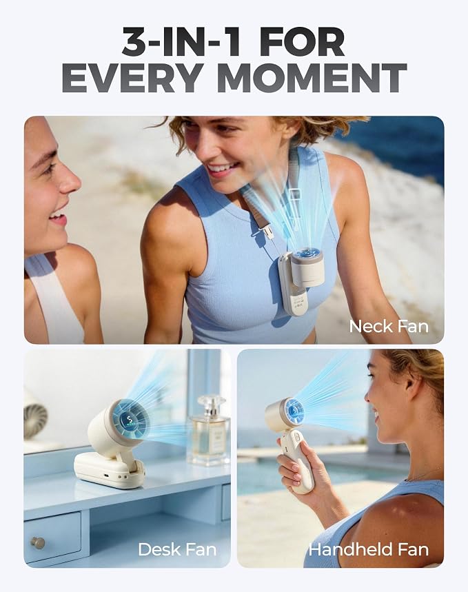 Diveblues Quiet Mini Portable Handheld Fan 30ft/s, 4000mAh Battery | Quiet Motor, 12H Max Cooling, 5 Speeds, LED Display, 3-in-1 Handheld/Neck/Desk Fan for Travel, Cruise & Disney Essentials