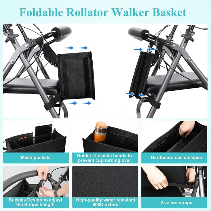 Dotday Rollator Basket, Rollator Walker Bag with Cup Holder | Folding Rollator Walker Storage Bag, Easy to Use Rollator Accessories for Seniors, Big Capacity & Never Tipping Over