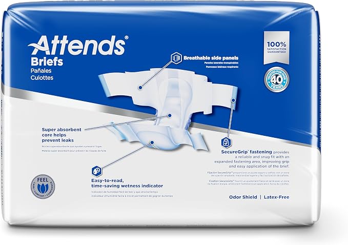 Attends Adult Incontinence Disposable Briefs, Medium, 32"-44" Waist with SecureGrip Tab Closure, Extra Heavy Absorbency with Super Absorbent Core and Breathable Side Panels, 24ct Bag