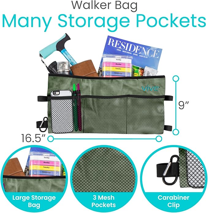 Vive Walker Bag - Accessories Wheelchair Basket Pouch (Water Resistant) - Seniors Caddy Accessory Attachment for Folding, Rolling Walkers - Carry Storage Carrier Tote - Lightweight, Universal Size
