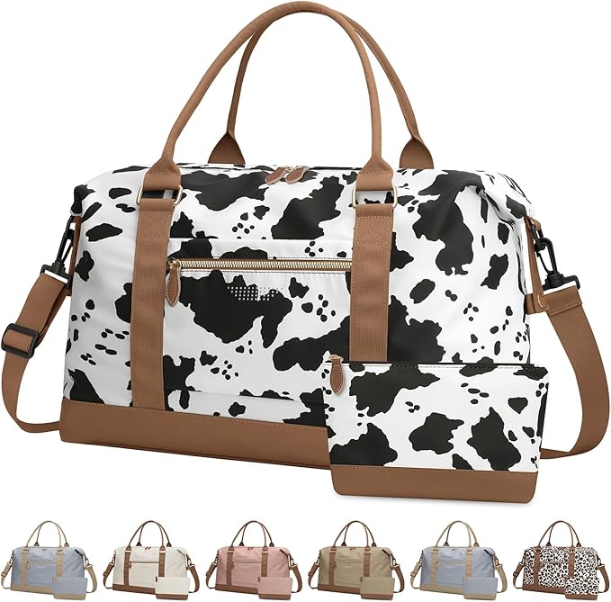 ELONGRIVER Travel Duffle Bag for Women, Weekender Bags, Hospital Bag for Labor Delivery, Lightweight Tote Duffel Overnight Bag with Luggage Sleeve, Airplane Travel Bags with Toiletry Bag, X-Large, Cow