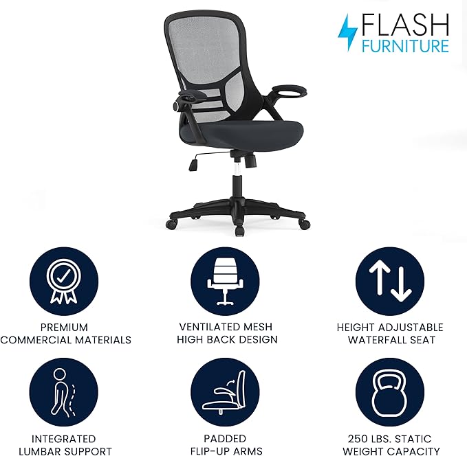 Flash Furniture Porter High-Back Swivel Office Chair with Adjustable Lumbar Support and Seat Height, Ergonomic Mesh Desk Chair with Flip-Up Armrests, Black