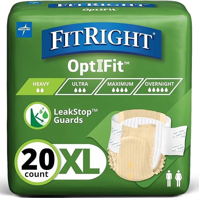 FitRight Adult Diapers, Extra+ Heavy Absorbency, XL (Waist Size 56in-64in), 20 Count, OptiFit Incontinence Briefs for Men and Women, Disposable, Moisture-Wicking, Leak Protection,