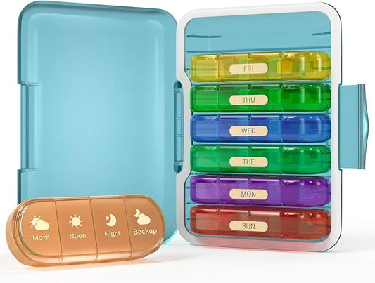 Weekly Pill Organizer 4 Times a Day, 7 Day Pill Box 4X, Portable for Travel Pill Case for Pills/Vitamin/Fish Oil/Medication/Supplements (4x7 Blue+Rainbow)