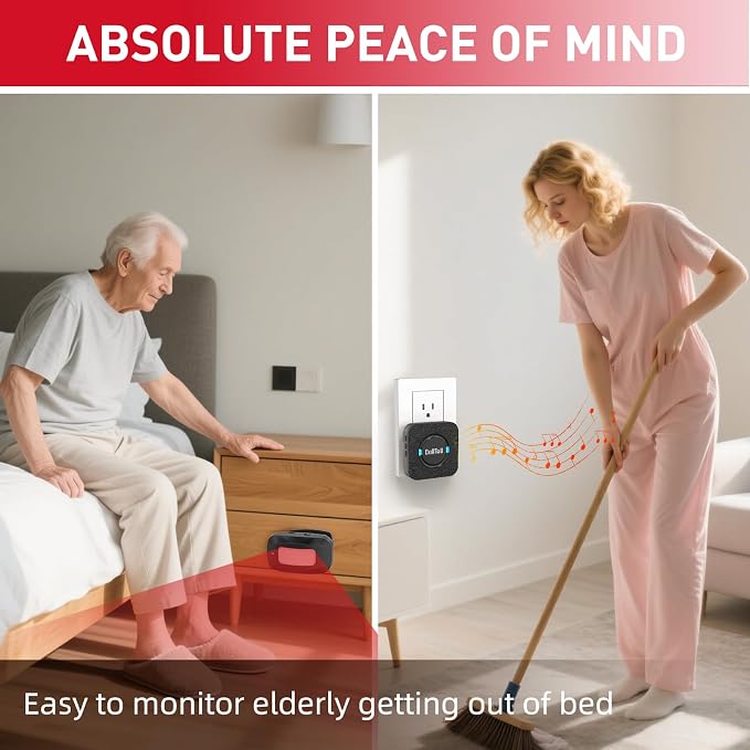 Dual Motion Sensor Bed Alarm for Elderly Care with Plug-in Receiver, Caregiver Pager for Seniors, Bedside Doorway and Hallway Alert with Chime and Flashing Light, No WiFi Needed