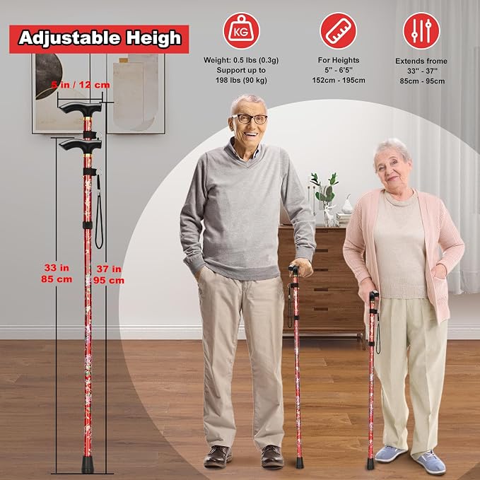 MFE Folding Cane, Portable 5-Level Adjustable Height Walking Stick with Foldable Design, Wrist Strap, and T Handle for Men and Women