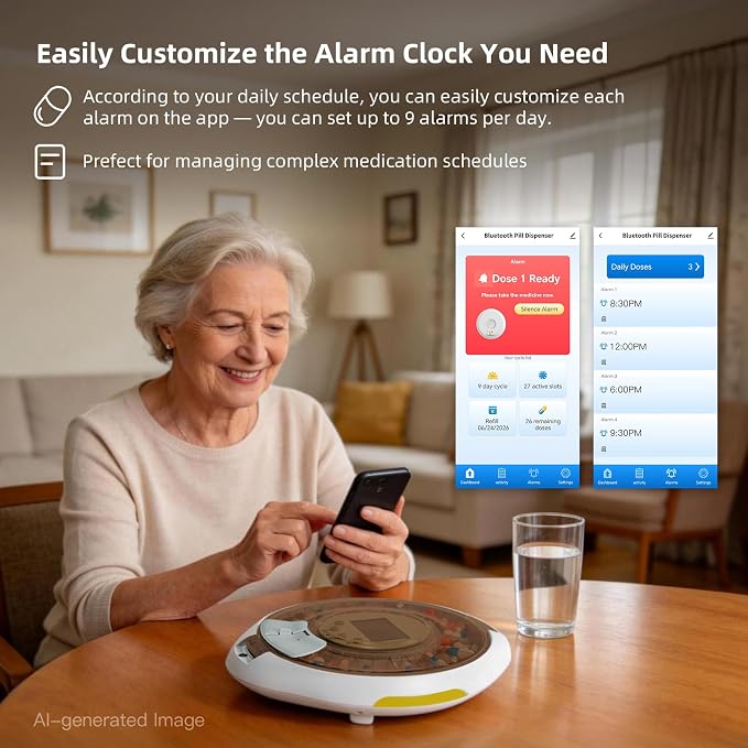 Bluetooth Automatic Pill Organizer with APP Control for Elderly | APP/Sound/Light Reminders, Tracks Adherence History, Up to 9 Daily Doses, Clear LCD Display, Top Lock & Ergonomic Curved Lid