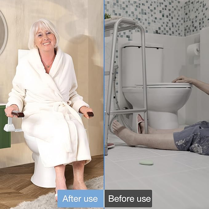 FSA/HSA Eligible Toilet Safety Rails for Seniors, Heavy Duty Foldable Toilet Support for Seniors, Elderly Toilet Seat Rails with Arms, Toilet Bars for Elderly and Disabled Up to 520LBS (Brown Color)