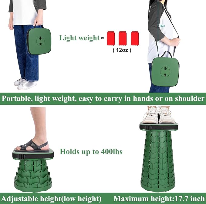 Fishboy Upgraded Collapsible Stool, 400lbs Max Weight, Lightweight But Sturdy, Portable Retractable Folding Telescoping Foldable Camping Stool for Adults Outdoor Fishing Hiking BBQ