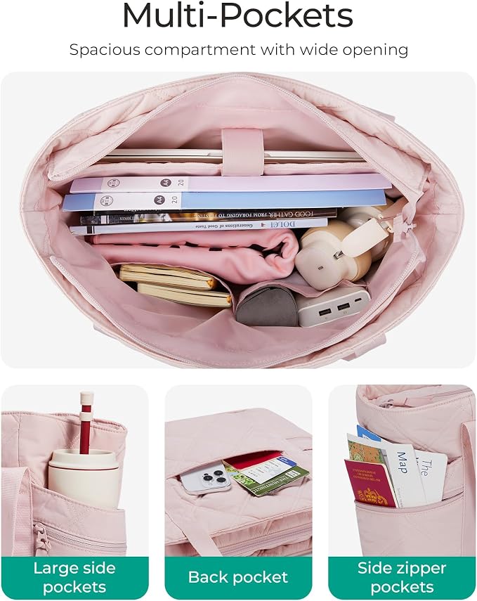 BAGSMART Crush Tote Bag for Women, 20L Puffer Work Tote with Zipper | Quilted Nurse Hospital Bag For Travel College Gym