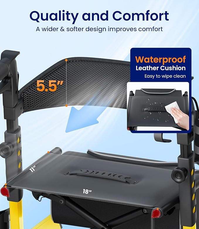 VOCIC Walker with Seat for Seniors, Z57 Outdoor Rollator Walker with 12" All Terrain Big Wheels, 7-Level Adjustable Height Rolling Walker with Safety Brakes, Storage Bag, Cup Holder
