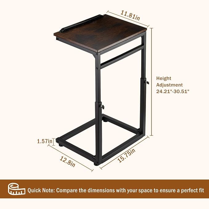 facka C Shaped TV Tray Table, Adjustable Height & 0-60° Tilt for Couch | C Table Sofa Side End Table with Stopper Ledge, Couch Table for Eating, Laptop, Reading & Small Spaces Brown