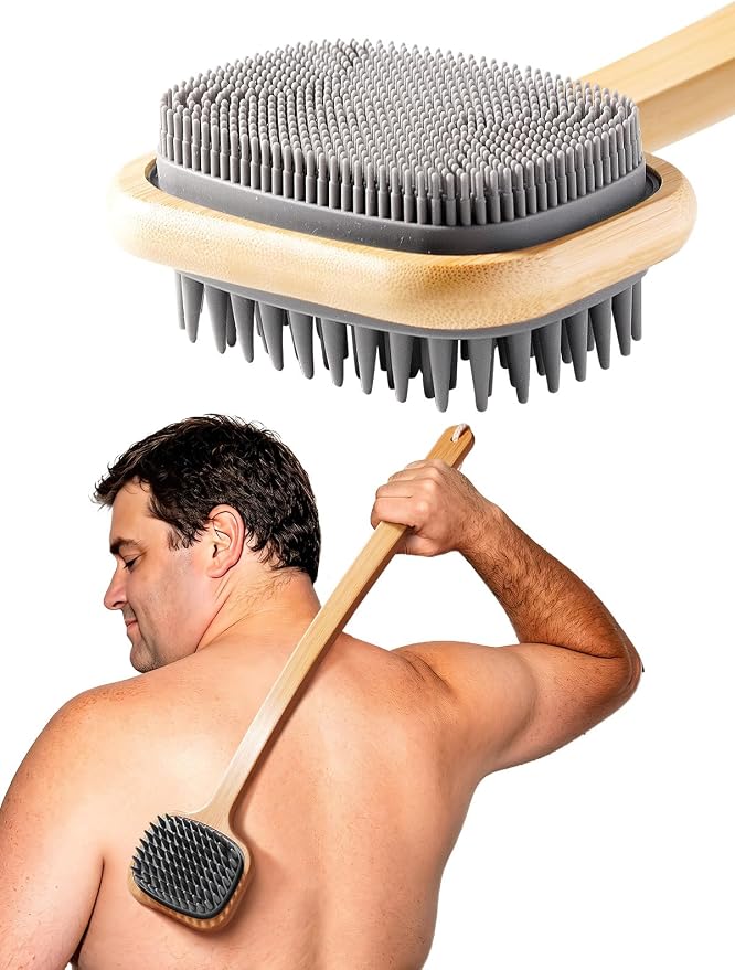 NURENDER Extra Long Bamboo Back Scratcher 22'', Soft Body Brush | Long Handle Dual Sided Silicone Bristles Backscratchers, Bamboo Wood Body Brush for Dry & Wet Use