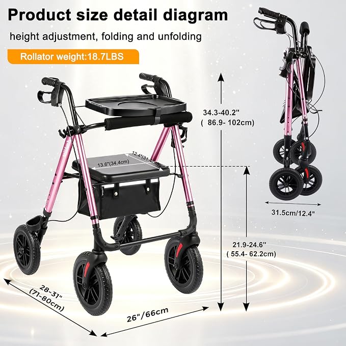 Foldable Rollator Walker for Seniors with Seat,4 Wheel Rolling Walkers | 300lbs walker with tray for Adults & Mobility Impaired|8" Airless Tires|Anti-tip brakes|Adjustable height|Tool-Free Assembly