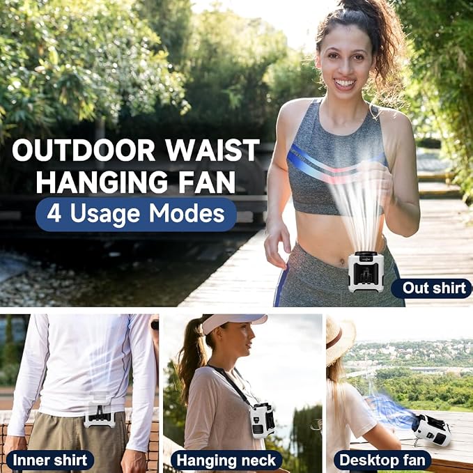 CAZOKASI 2024 Upgrade 10000mAh Waist Clip Fan Wearable Fan Portable Personal Body Fan Powerful Upto 40H Cooling and Heatstroke Prevention Fan (Gray and Orange) (10000mAh / White and Black)