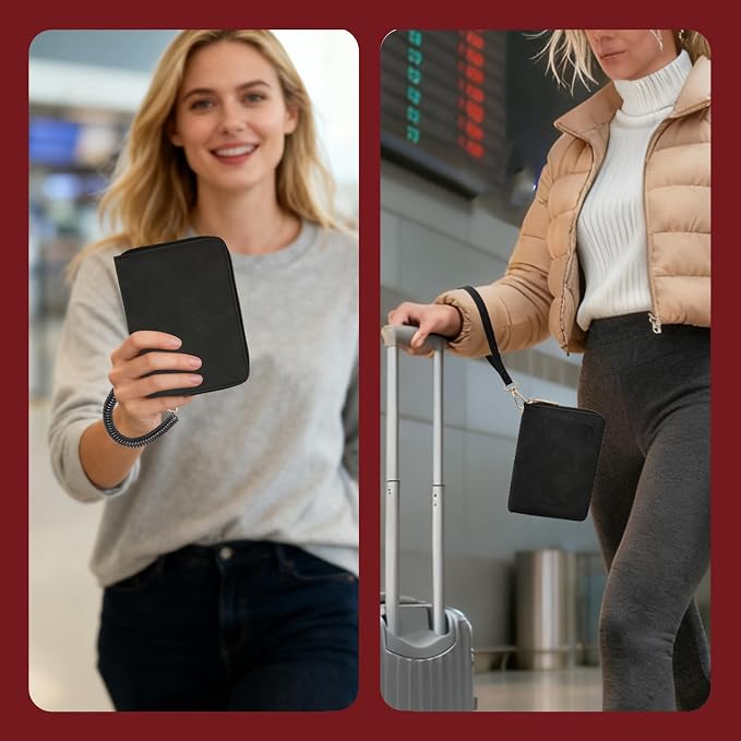 Passport Holder with Tether and Clip to Prevent Loss and Theft, Rfid Passport Holder for Travel, Passport Wallet, Passport Cover for Men and Women (Black - Tether and Clip)