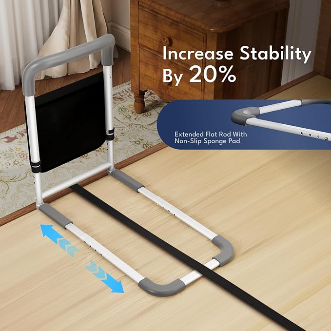 HOMEAL Bed Rails for Elderly Adults Safety - Adjustable Bedside Assist Rails for Seniors, Portable Bed Cane with Non-Slip Handle, Motion Light & Fixing Strap, Fit Standard & Adjustable Bed(Grey)