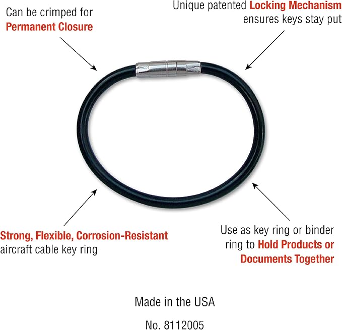 Lucky Line 5” Twisty Lock Key Ring, Flexible Nylon Coated Steel Wire Loop, Corrosion-Resistant and Durable, Black, 5 Pack (8112005)