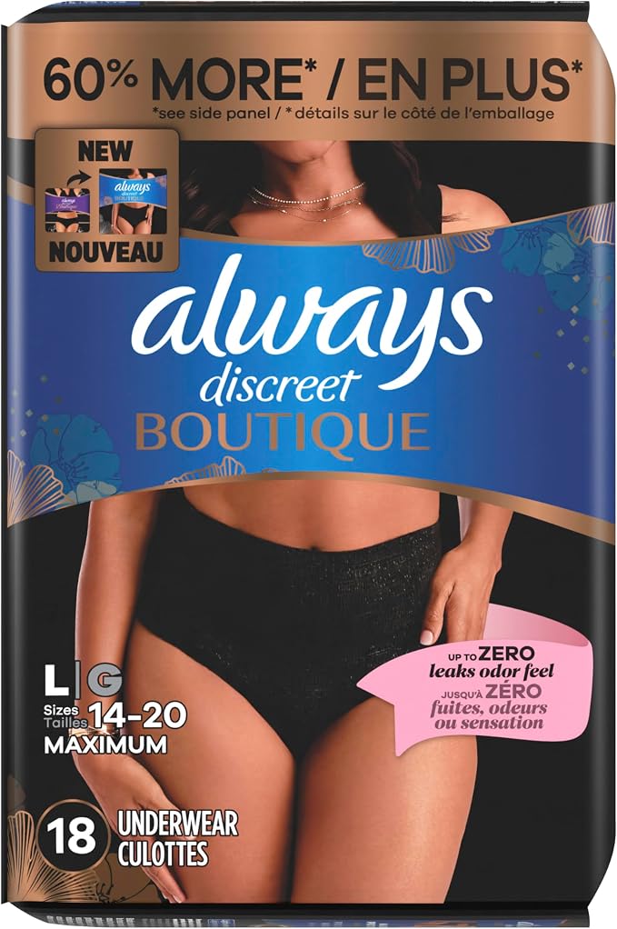 Always Discreet Boutique Incontinence and Postpartum Underwear for Women, Maximum Protection, Large, Black, 18 Count (Pack of 2)