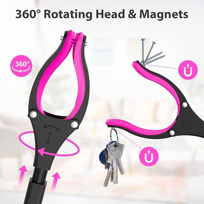 43" Foldable Grabber Reacher Pickup Tool for Seniors, Pink | 360° Rotating Jaw, Two Magnets, Extra Long Trash Picker Upper, Lightweight for Elderly, Indoor & Outdoor