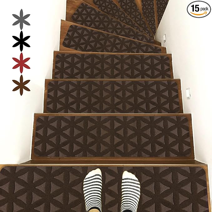 RIOLAND Non-Slip Carpet Stair Treads for Wooden Steps Indoor, 8" X 30", 15 Pack Peel and Stick Stair Treads Runners for Kids Elders and Pets, Brown